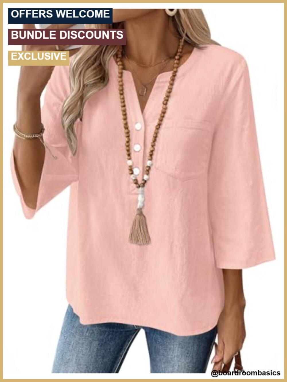 Linen Cotton V Neck 3/4 Sleeve Button Down Top Loose Fit